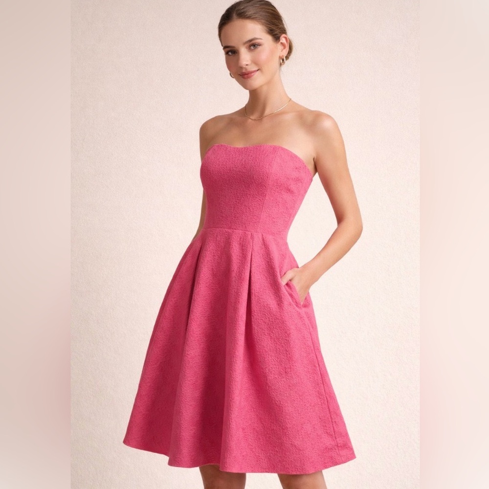Lilly Pulitzer Pink Daisy Jacquard Strapless Dress Pockets Size 2